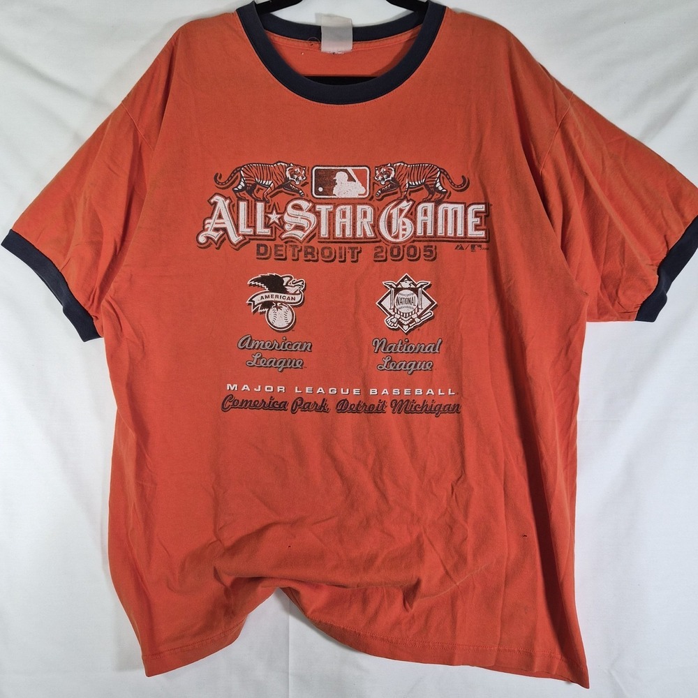 Y2k MLB All Star Game 2005 Detroit Large T-Shirt Majestic Orange Ringer Tee